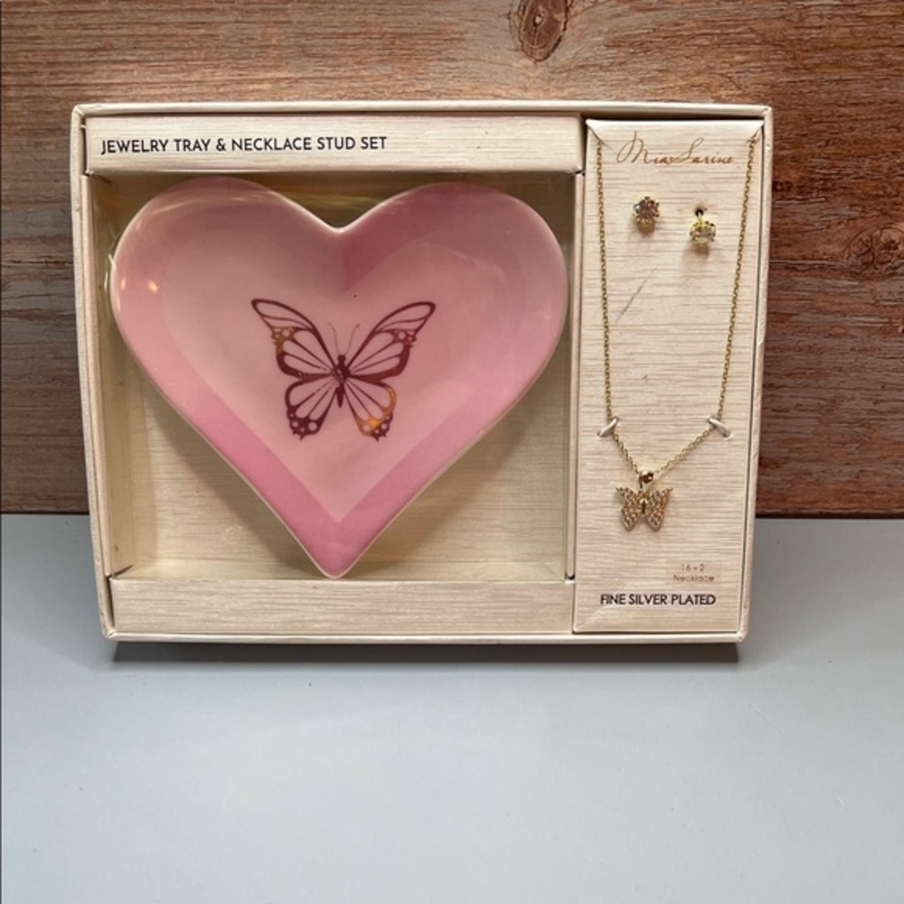 Pink Heart Jewelry Tray and Butterfly Necklace and stud earrings